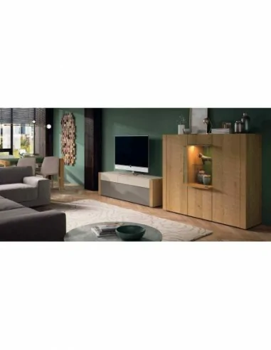 Salon diseño moderno mezcla de madera con varios colores con estantes y aparadores a juego (14)