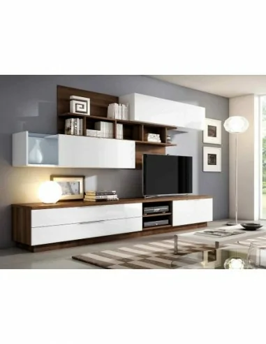 Muebles de salon diseño moderno colgados en la pared formas rectas con cirstales luces led  con mesas y aparador (102)