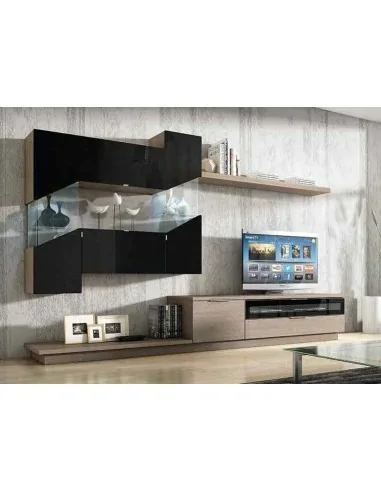 Muebles de salon diseño moderno colgados en la pared formas rectas con cirstales luces led  con mesas y aparador (103)