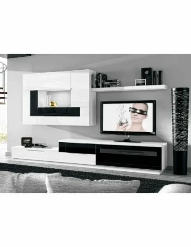 Muebles de salon diseño moderno colgados en la pared formas rectas con cirstales luces led  con mesas y aparador (104)