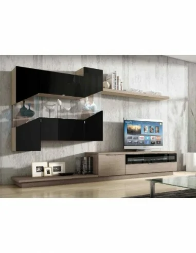 Muebles de salon diseño moderno colgados en la pared formas rectas con cirstales luces led  con mesas y aparador (106)