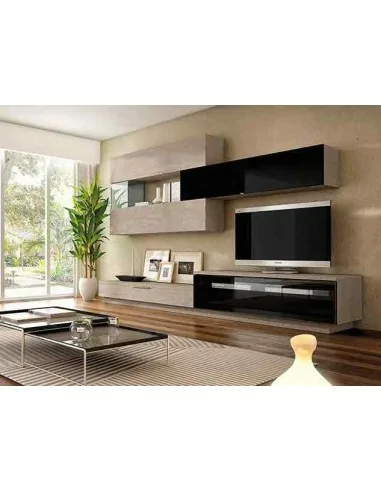 Muebles de salon diseño moderno colgados en la pared formas rectas con cirstales luces led  con mesas y aparador (107)
