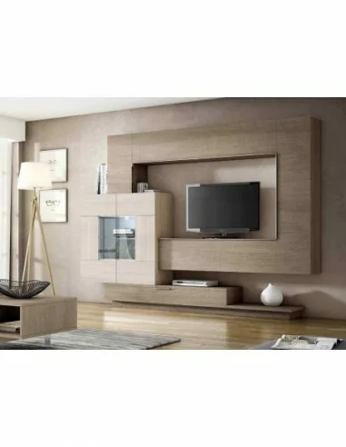 Muebles de salon diseño moderno colgados en la pared formas rectas con cirstales luces led  con mesas y aparador (112)