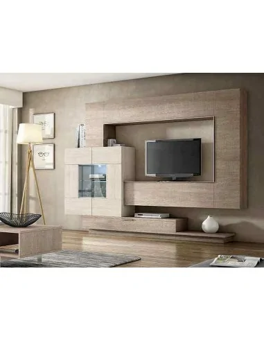 Muebles de salon diseño moderno colgados en la pared formas rectas con cirstales luces led  con mesas y aparador (113)