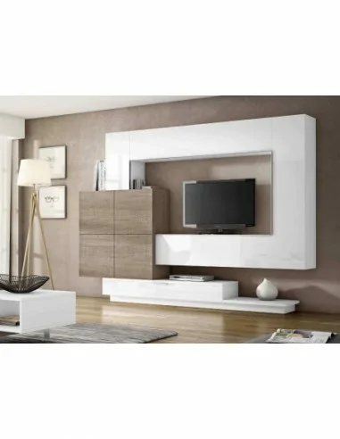 Muebles de salon diseño moderno colgados en la pared formas rectas con cirstales luces led  con mesas y aparador (114)