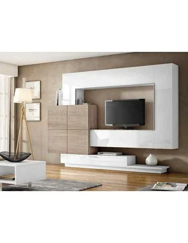 Muebles de salon diseño moderno colgados en la pared formas rectas con cirstales luces led  con mesas y aparador (115)
