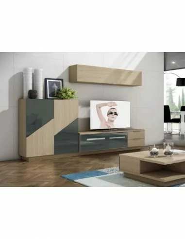 Muebles de salon diseño moderno colgados en la pared formas rectas con cirstales luces led  con mesas y aparador (116)