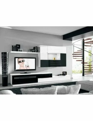 Muebles de salon diseño moderno colgados en la pared formas rectas con cirstales luces led  con mesas y aparador (117)