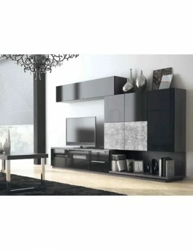 Muebles de salon diseño moderno colgados en la pared formas rectas con cirstales luces led  con mesas y aparador (118)