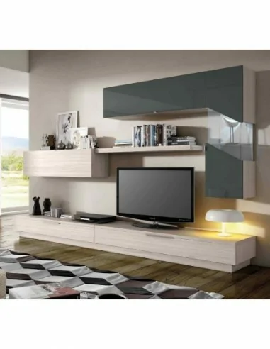 Muebles de salon diseño moderno colgados en la pared formas rectas con cirstales luces led  con mesas y aparador (120)