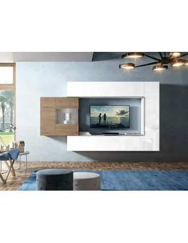 Muebles de salon diseño moderno colgados en la pared formas rectas con cirstales luces led  con mesas y aparador (131)