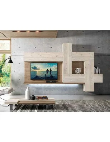 Muebles de salon diseño moderno colgados en la pared formas rectas con cirstales luces led  con mesas y aparador (136)
