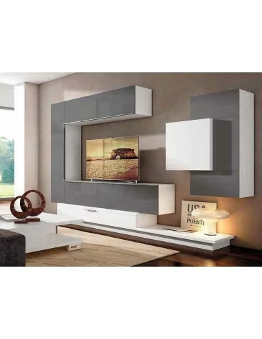 Muebles de salon diseño moderno colgados en la pared formas rectas con cirstales luces led  con mesas y aparador (137)