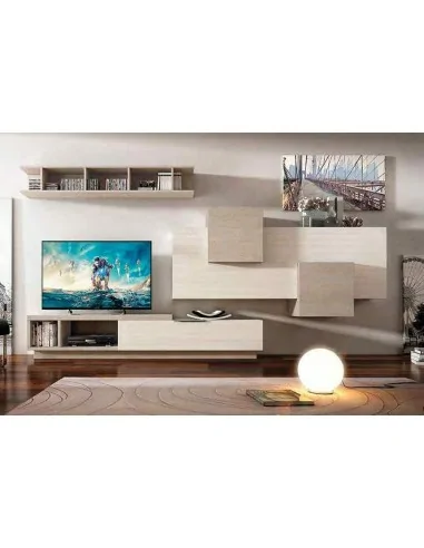 Muebles de salon diseño moderno colgados en la pared formas rectas con cirstales luces led  con mesas y aparador (87)