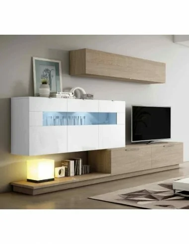 Muebles de salon diseño moderno colgados en la pared formas rectas con cirstales luces led  con mesas y aparador (88)
