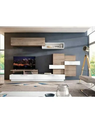Muebles de salon diseño moderno colgados en la pared formas rectas con cirstales luces led  con mesas y aparador (89)