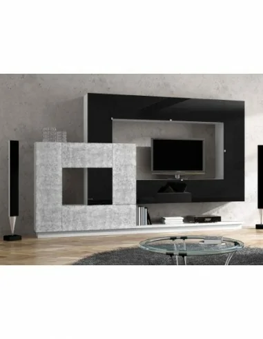 Muebles de salon diseño moderno colgados en la pared formas rectas con cirstales luces led  con mesas y aparador (90)