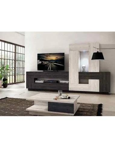 Muebles de salon diseño moderno colgados en la pared formas rectas con cirstales luces led  con mesas y aparador (91)