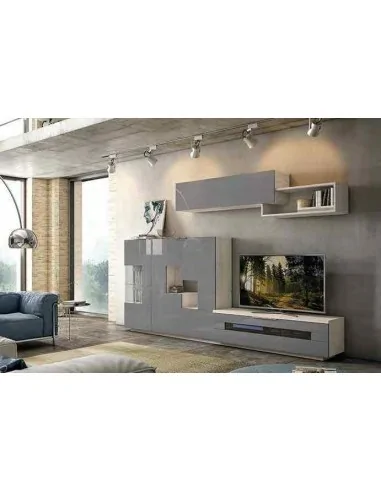 Muebles de salon diseño moderno colgados en la pared formas rectas con cirstales luces led  con mesas y aparador (97)