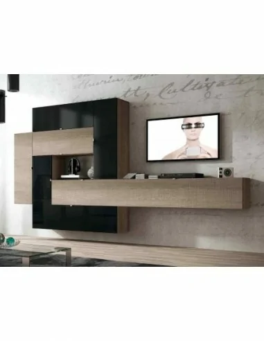 Muebles de salon diseño moderno colgados en la pared formas rectas con cirstales luces led  con mesas y aparador (98)