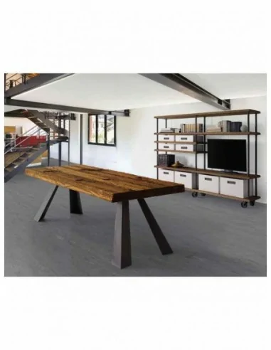 Mesa de comedor con sillas y mesa de centro a juego en madera maciza estilo industrial (8)