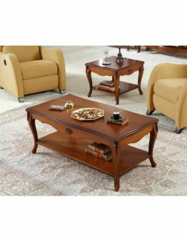 Mesas de centro y comedor estilo clasico color cerezo nogal con patas torneadas y cristal (1)