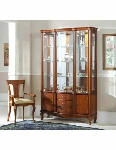 Mueble de salon con vitrinas diseño clasico cerezo patas torneadas con molduras y cristales (23)