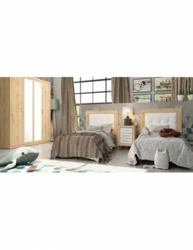 Dormitorio juvenil con camas individuales mesita de noche espejos diseño nordico madera (3)
