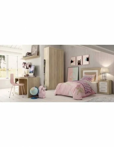 Dormitorio juvenil con camas individuales mesita de noche espejos diseño nordico madera (4)