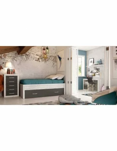 Dormitorio juvenil con camas individuales mesita de noche espejos diseño nordico madera (5)