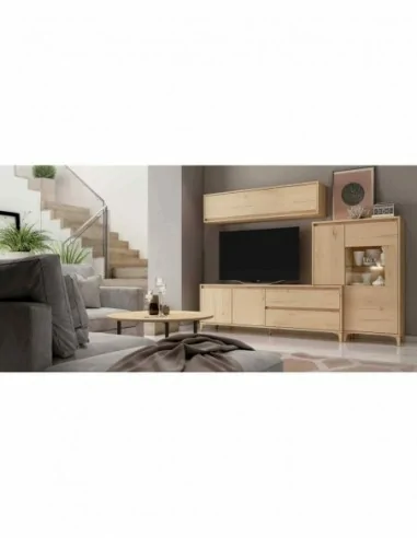 Mueble de salon diseño nordico colores madera modular con vitrinas muebles altos estantes (1)