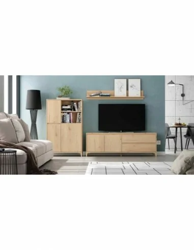 Mueble de salon diseño nordico colores madera modular con vitrinas muebles altos estantes (10)