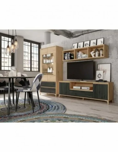 Mueble de salon diseño nordico colores madera modular con vitrinas muebles altos estantes (11)