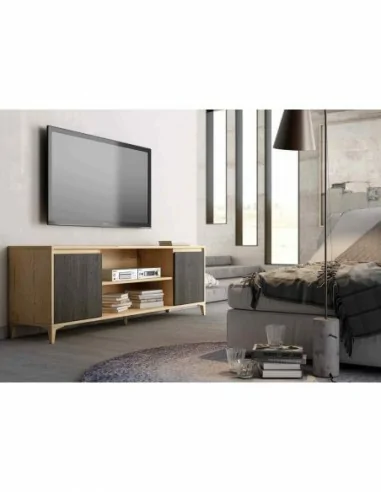Mueble de salon diseño nordico colores madera modular con vitrinas muebles altos estantes (12)