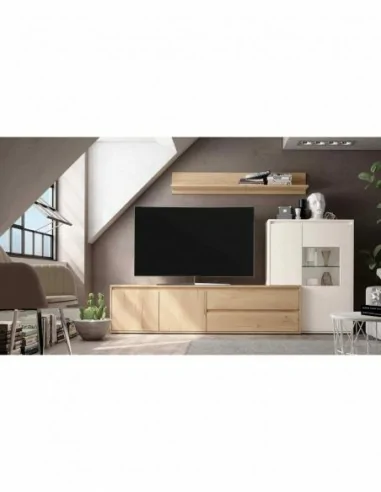 Mueble de salon diseño nordico colores madera modular con vitrinas muebles altos estantes (2)