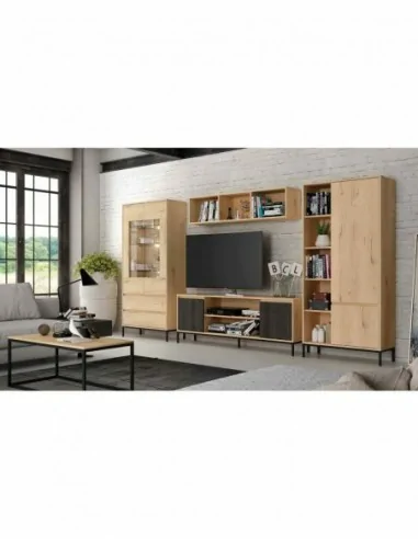 Mueble de salon diseño nordico colores madera modular con vitrinas muebles altos estantes (3)