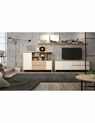 Mueble de salon diseño nordico colores madera modular con vitrinas muebles altos estantes (5)
