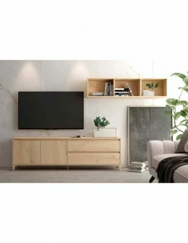 Mueble de salon diseño nordico colores madera modular con vitrinas muebles altos estantes (6)