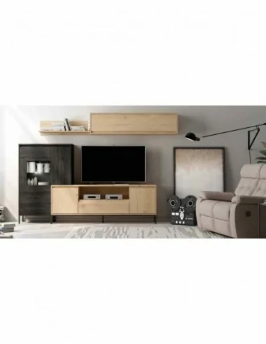 Mueble de salon diseño nordico colores madera modular con vitrinas muebles altos estantes (9)