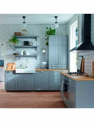 Cocina blanca plafon elegante lacada polilaminado azul celeste marco