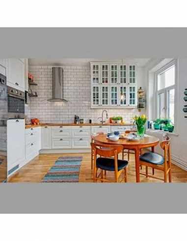 Cocina blanca plafon elegante lacada polilaminado blanca encimera mader vitrinas azulejo