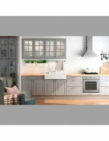 Cocina blanca plafon elegante lacada polilaminado gris grafito vitrina encimera madera