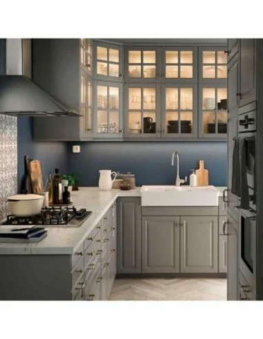 Cocina blanca plafon elegante lacada polilaminado gris grafito vitrina iluminad