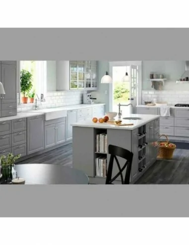 Cocina blanca plafon elegante lacada polilaminado gris topo arenada isla