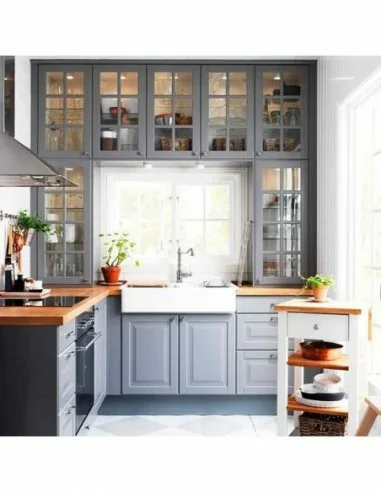 Cocina blanca plafon elegante lacada polilaminado marco celeste gris azul lavabo porcelana