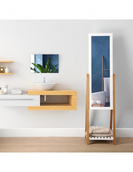 ESPEJO PIE CON SOPORTE BAMBU
