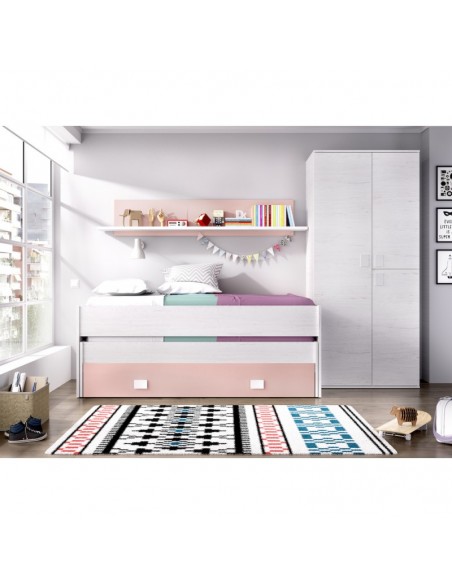 Cama Compacta con 2 Camas + Cajón y Estante color Azul y Blanco