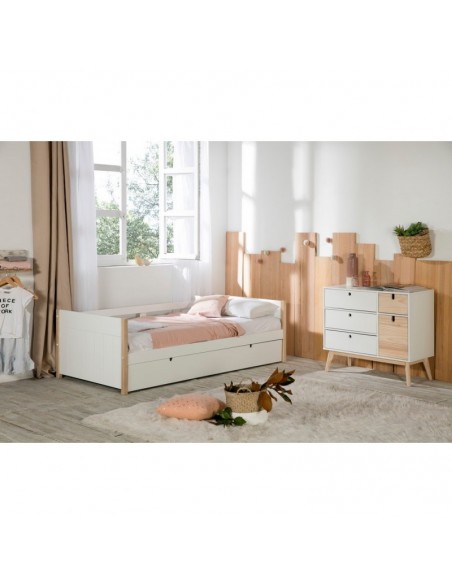 Cama Nido lacado Blanco Madera Natural con Somier de Arrastre