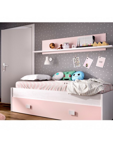 Cama Nido Rosa y Blanco + Cajón + Estante de Pared