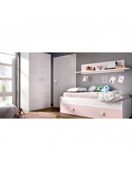 Cama Nido Rosa y Blanco + Cajón + Estante de Pared